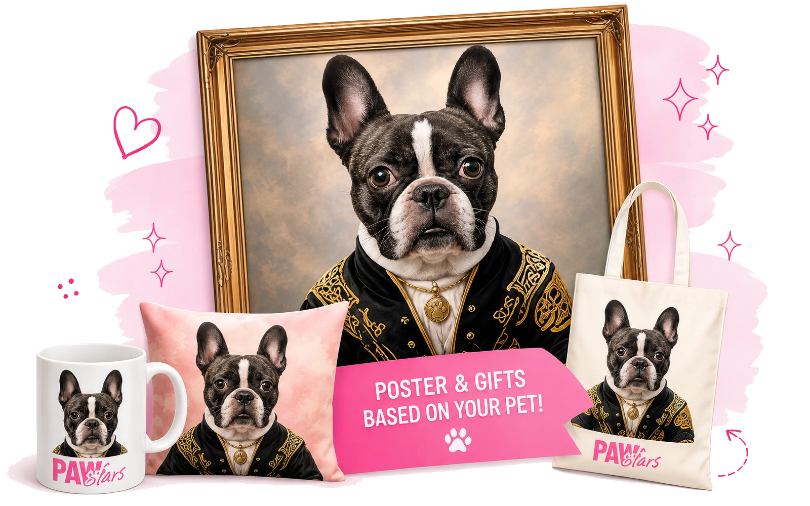 Framed regal portrait of Penny with PawStars mug, cushion and tote bag