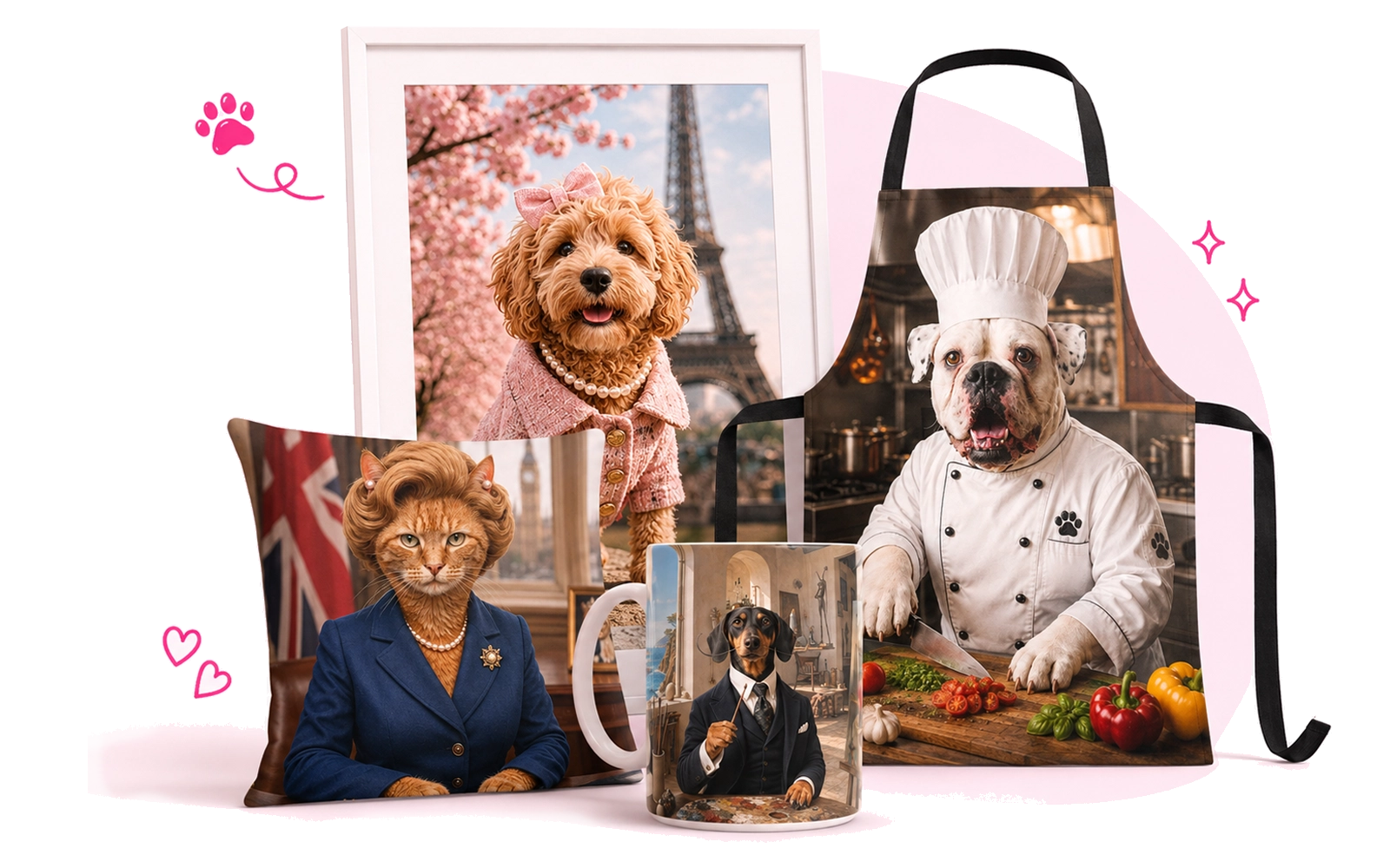 PawStars products collage including framed prints, tote bag, mug, cushion and poster