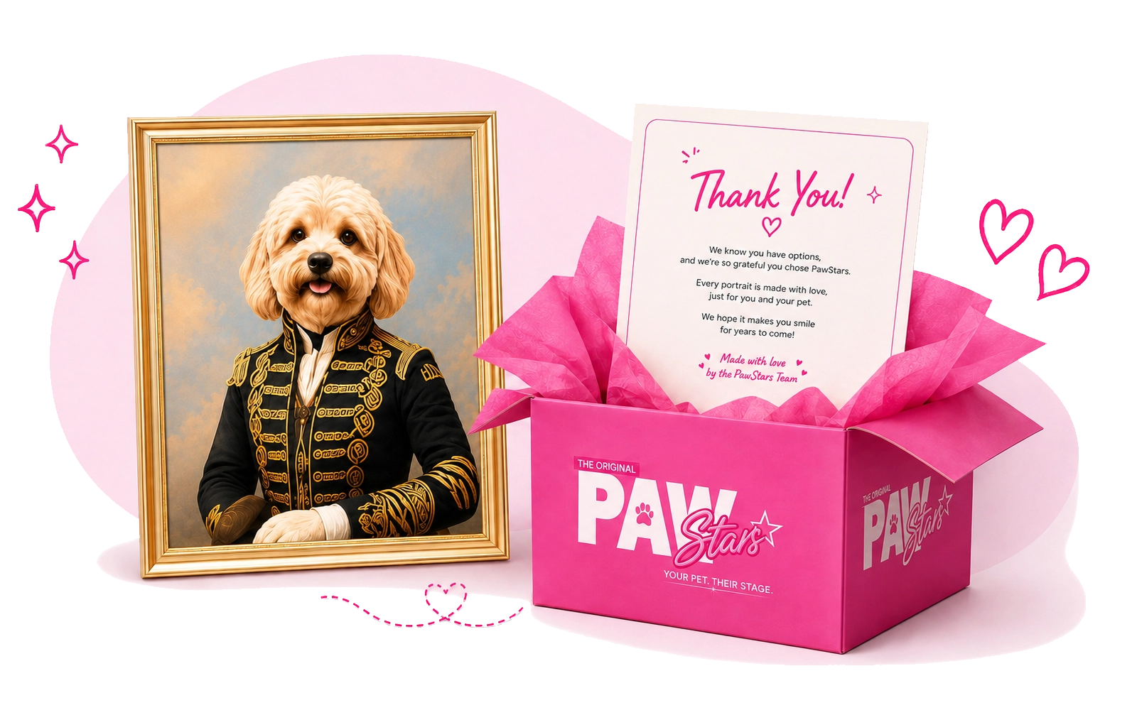 Finished framed portrait packed in a PawStars delivery box