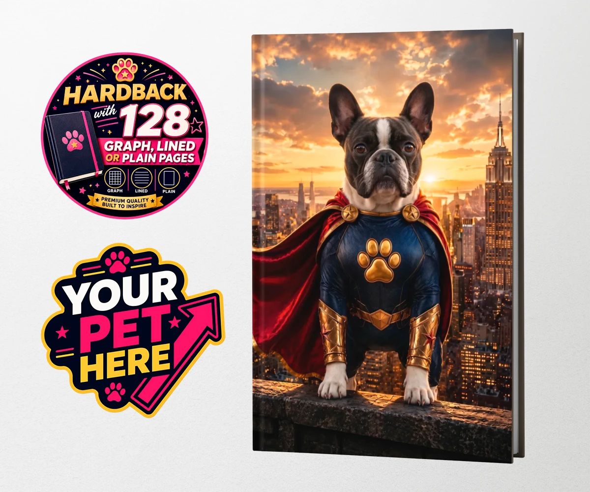 Personalised Super Paw dog hardback notebooks featuring a stunning portrait that captures your furry friend in all their heroi