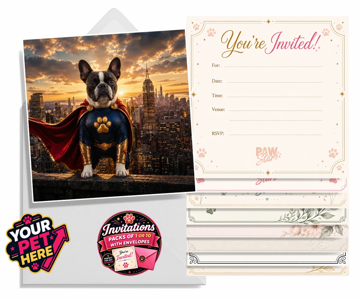 Personalised Super Paw dog invitations featuring a stunning portrait that captures your furry friend in all their heroi