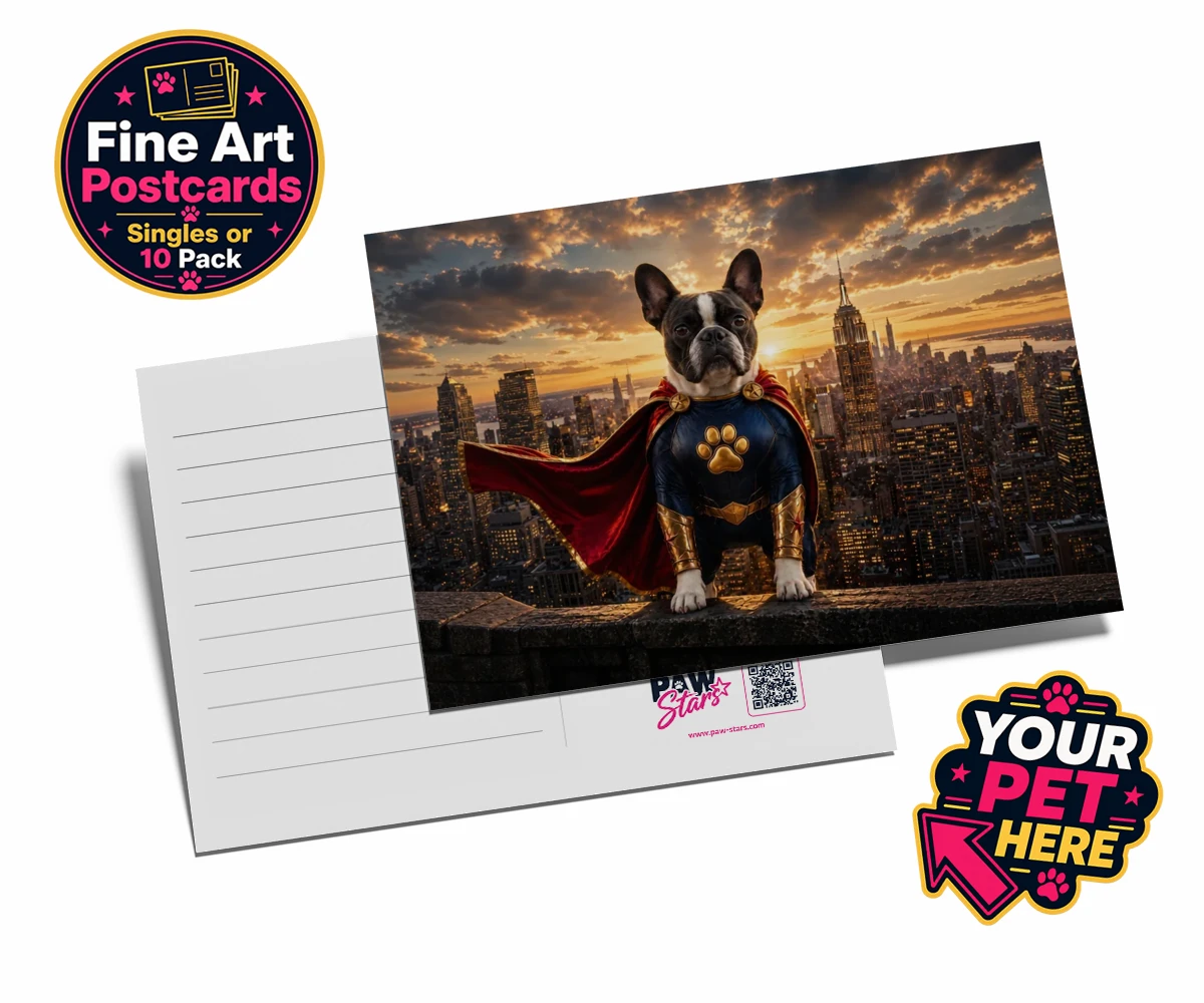 Personalised Super Paw dog postcards featuring a stunning portrait that captures your furry friend in all their heroi