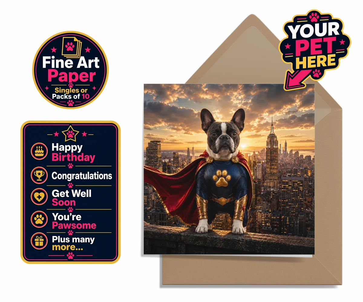 Personalised Super Paw dog premium greetings cards featuring a stunning portrait that captures your furry friend in all their heroi