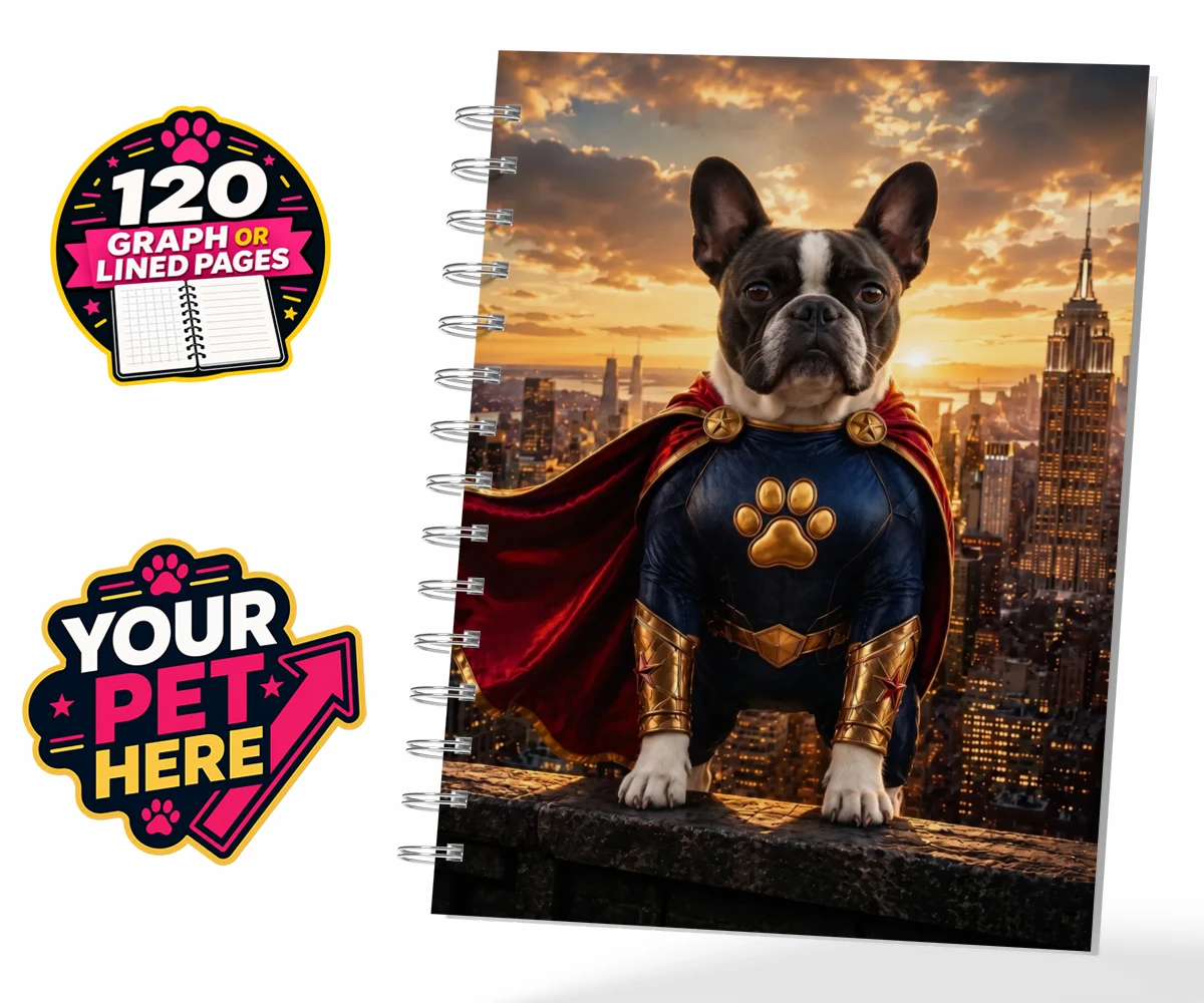 Personalised Super Paw dog spiral notebook featuring a stunning portrait that captures your furry friend in all their heroi