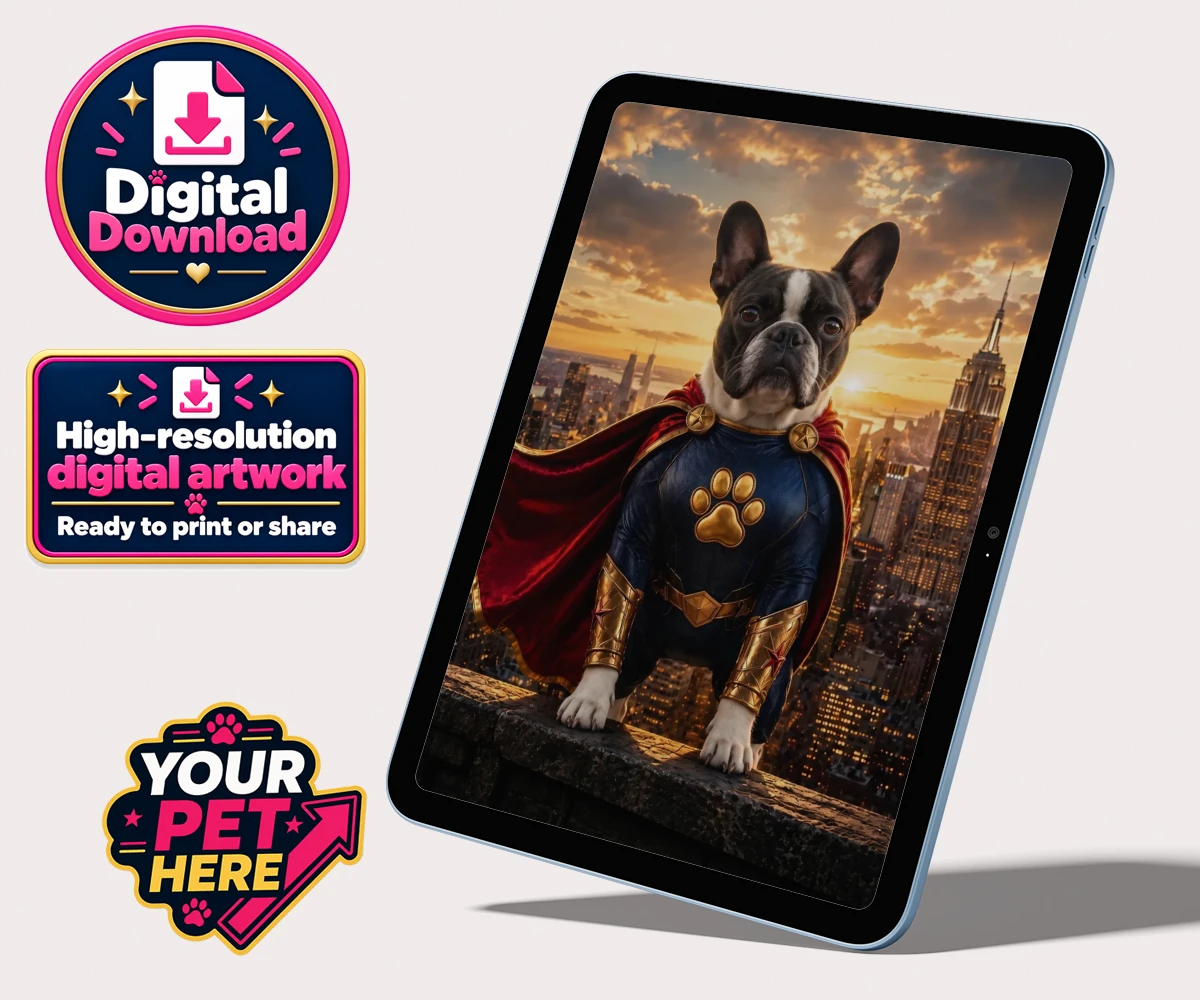 Personalised Super Paw dog personalised digital downloads featuring a stunning portrait that captures your furry friend in all their heroi