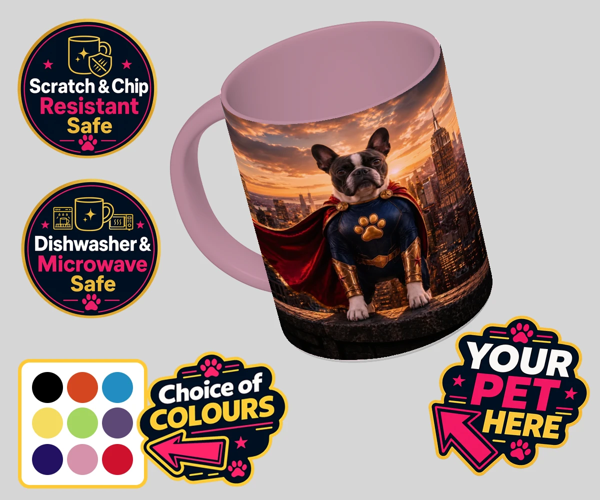 Personalised Super Paw dog coloured photo mugs featuring a stunning portrait that captures your furry friend in all their heroi