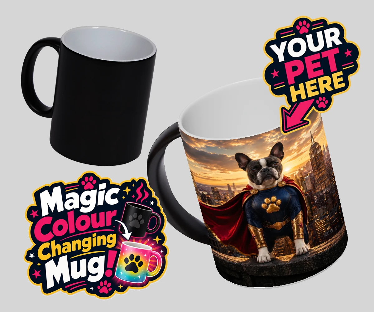 Personalised Super Paw dog magic photo mugs featuring a stunning portrait that captures your furry friend in all their heroi