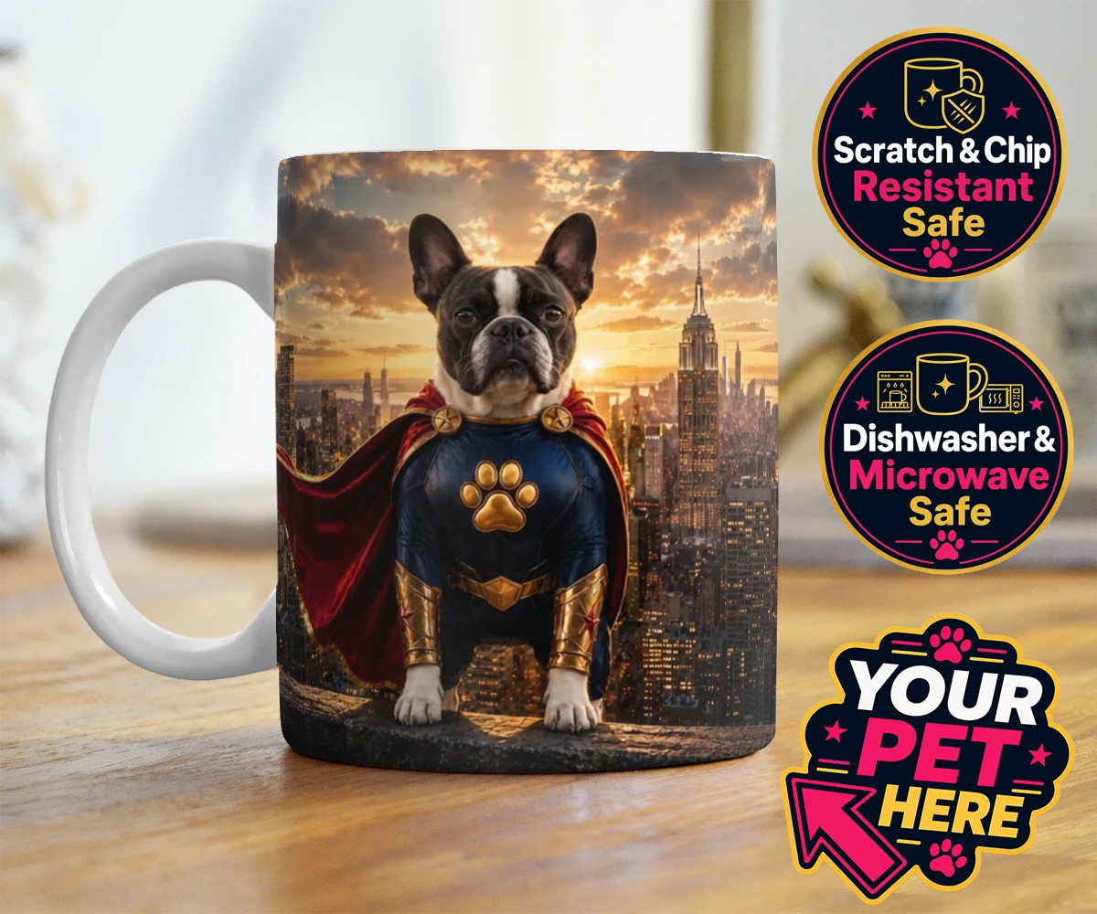 Personalised Super Paw dog photo mugs featuring a stunning portrait that captures your furry friend in all their heroi