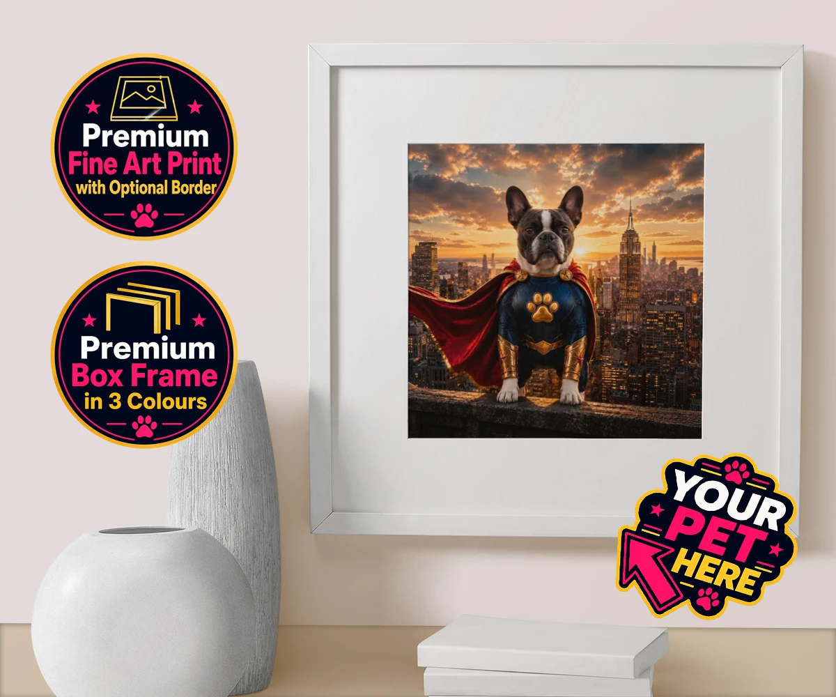 Personalised Super Paw dog box framed print featuring a stunning portrait that captures your furry friend in all their heroi