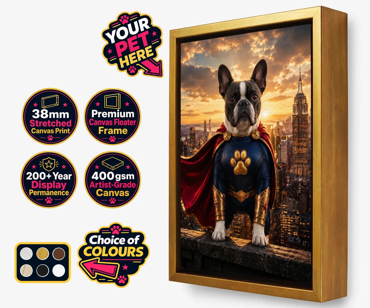 Personalised Super Paw dog framed canvas print featuring a stunning portrait that captures your furry friend in all their heroi