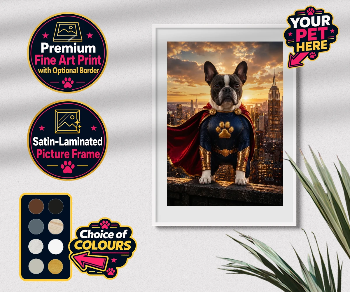 Personalised Super Paw dog premium framed print featuring a stunning portrait that captures your furry friend in all their heroi