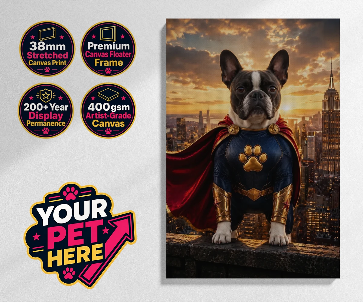 Personalised Super Paw dog stretched canvas print featuring a stunning portrait that captures your furry friend in all their heroi