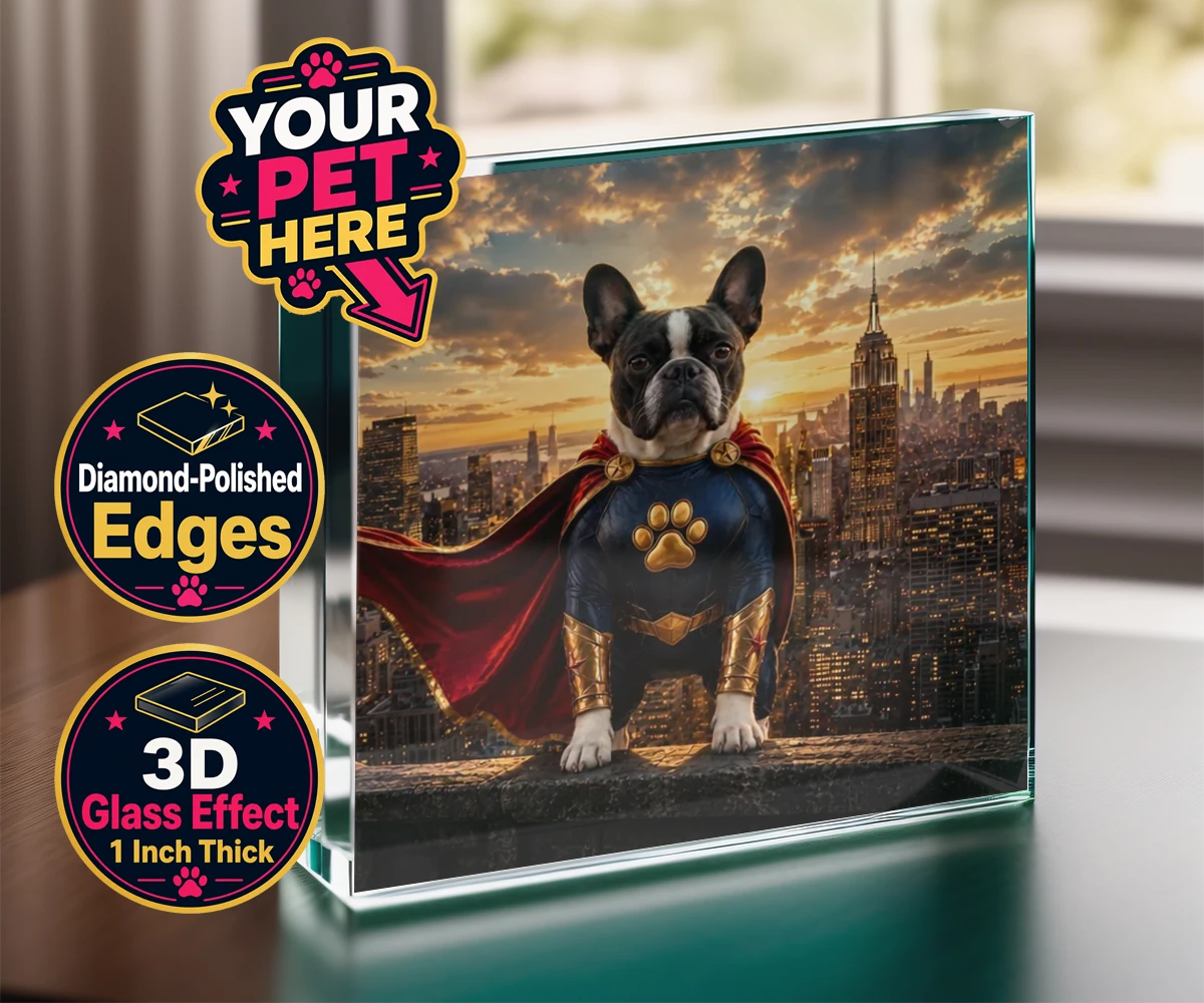 Personalised Super Paw dog acrylic prisms featuring a stunning portrait that captures your furry friend in all their heroi