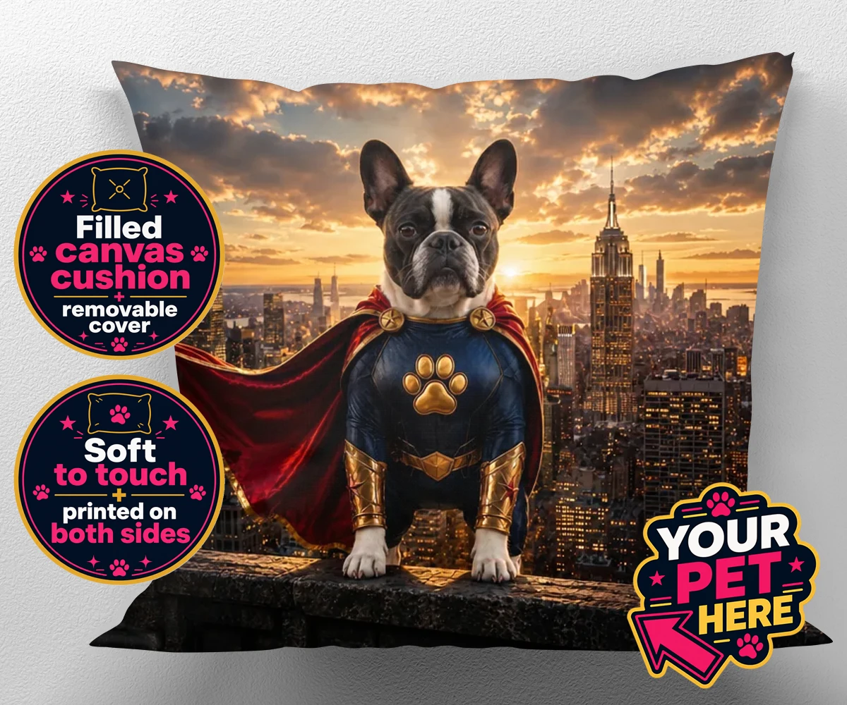 Personalised Super Paw dog canvas cushions featuring a stunning portrait that captures your furry friend in all their heroi
