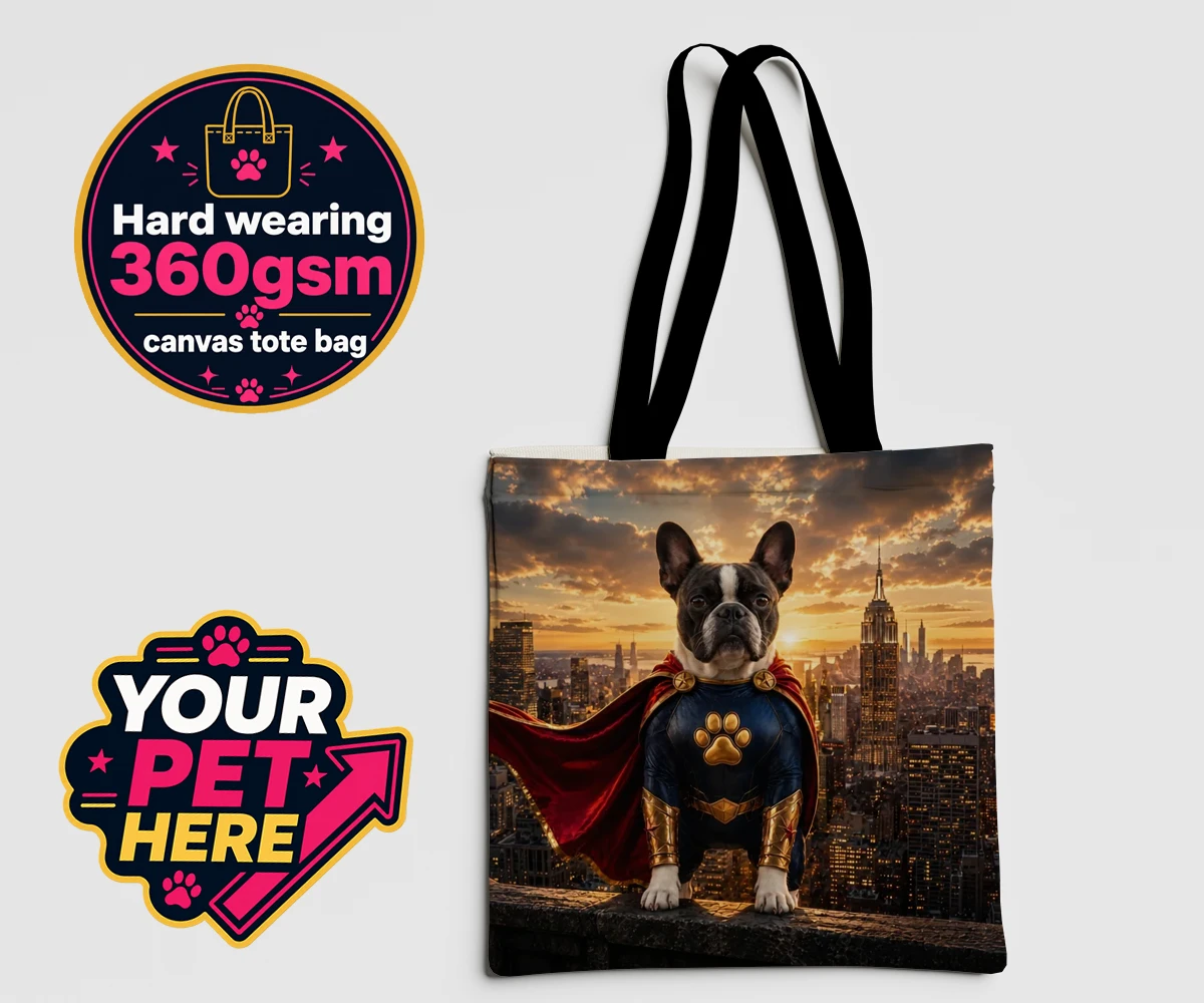 Personalised Super Paw dog canvas tote bags featuring a stunning portrait that captures your furry friend in all their heroi