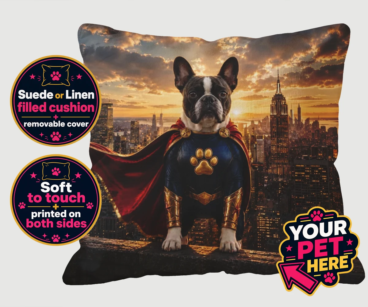 Personalised Super Paw dog cushions featuring a stunning portrait that captures your furry friend in all their heroi