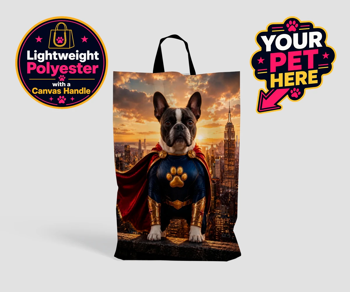 Personalised Super Paw dog shopping bags featuring a stunning portrait that captures your furry friend in all their heroi