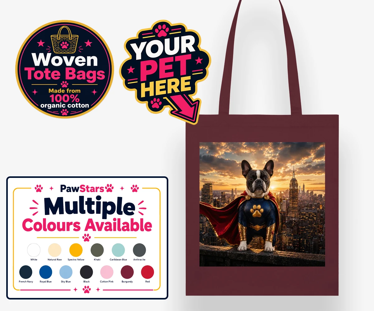 Personalised Super Paw dog woven tote bags featuring a stunning portrait that captures your furry friend in all their heroi