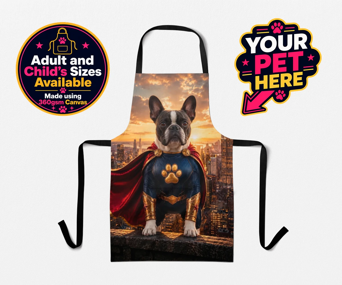 Personalised Super Paw dog aprons featuring a stunning portrait that captures your furry friend in all their heroi