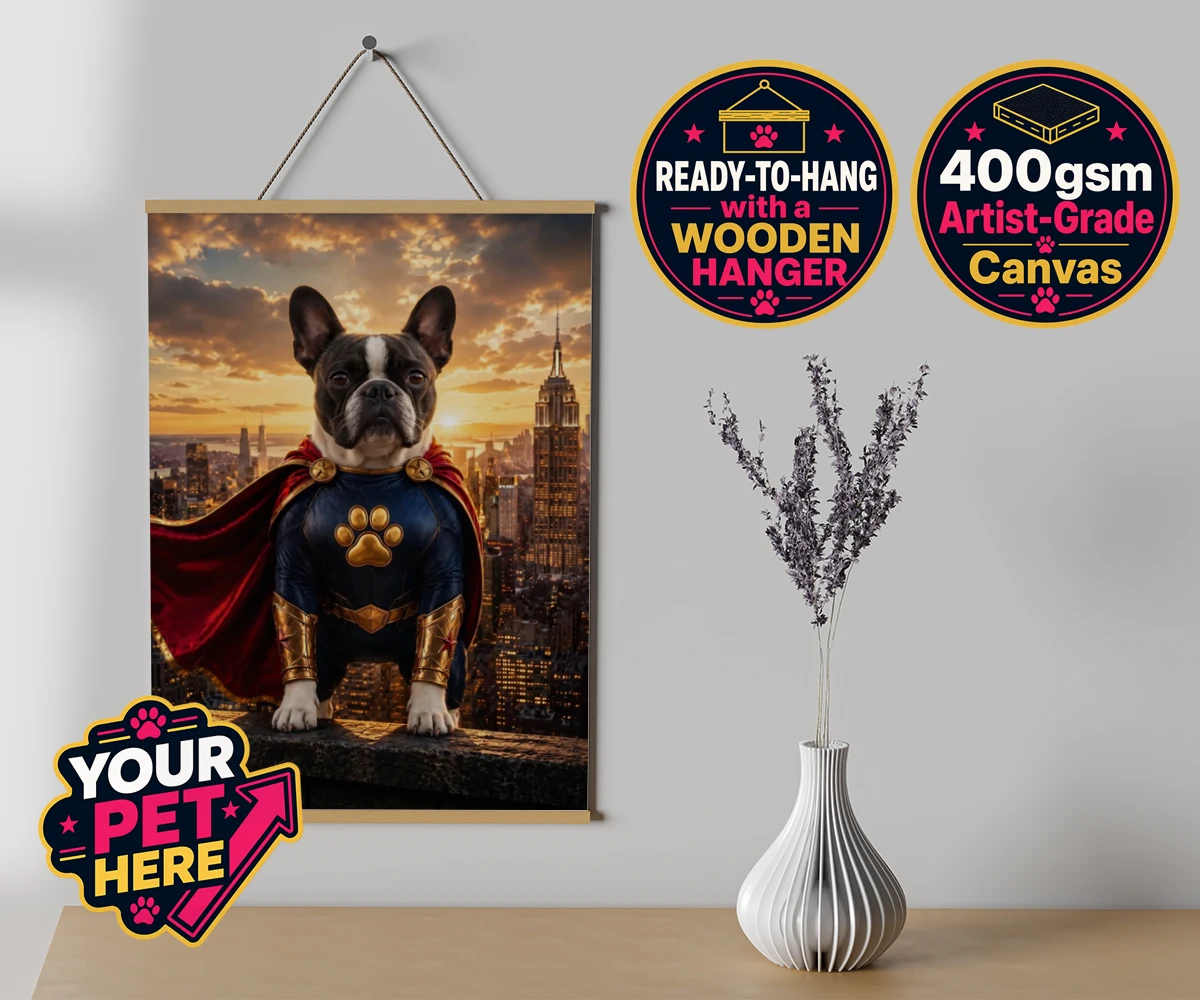 Personalised Super Paw dog canvas poster prints with hanger featuring a stunning portrait that captures your furry friend in all their heroi