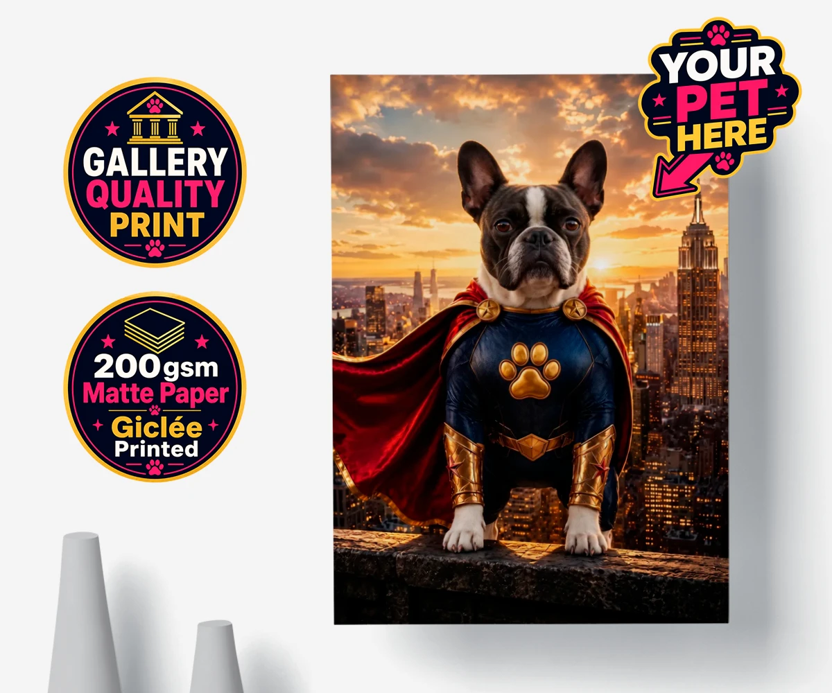 Personalised Super Paw dog poster print showing a superhero dog in a blue bodysuit and red cape against a sunset city skyline.