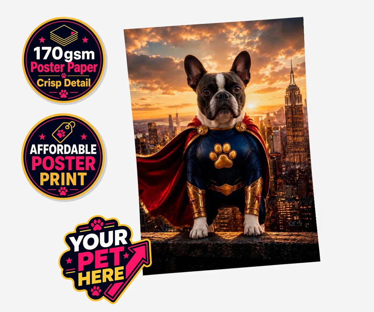 Personalised Super Paw dog standard poster print featuring a stunning portrait that captures your furry friend in all their heroi