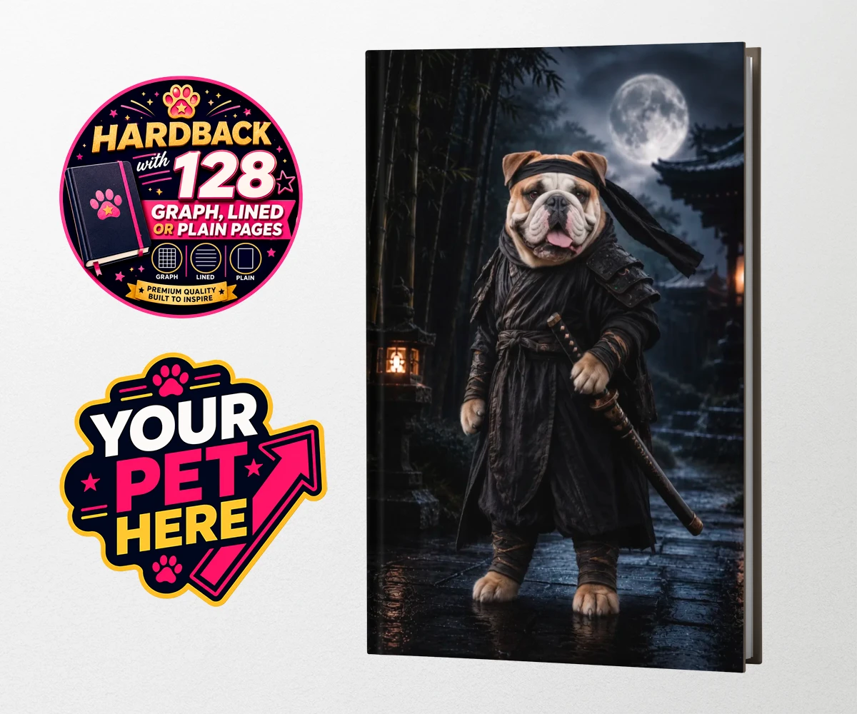 Personalised Ninja Paw In Temple Garden dog hardback notebooks featuring meet Ninja Paw, the four-legged hero ready to embark on legendary adve