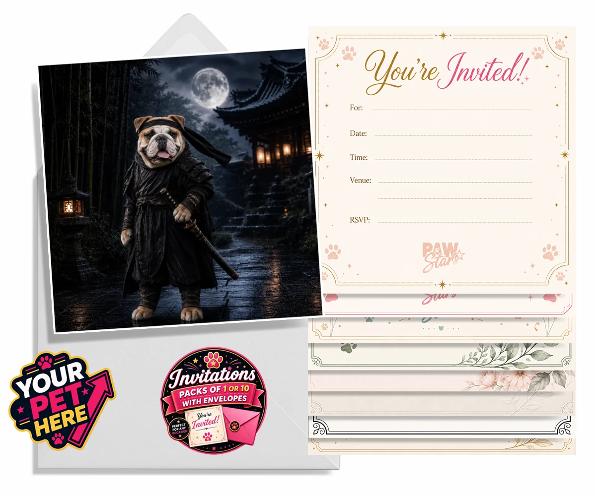 Personalised Ninja Paw In Temple Garden dog invitations featuring meet Ninja Paw, the four-legged hero ready to embark on legendary adve