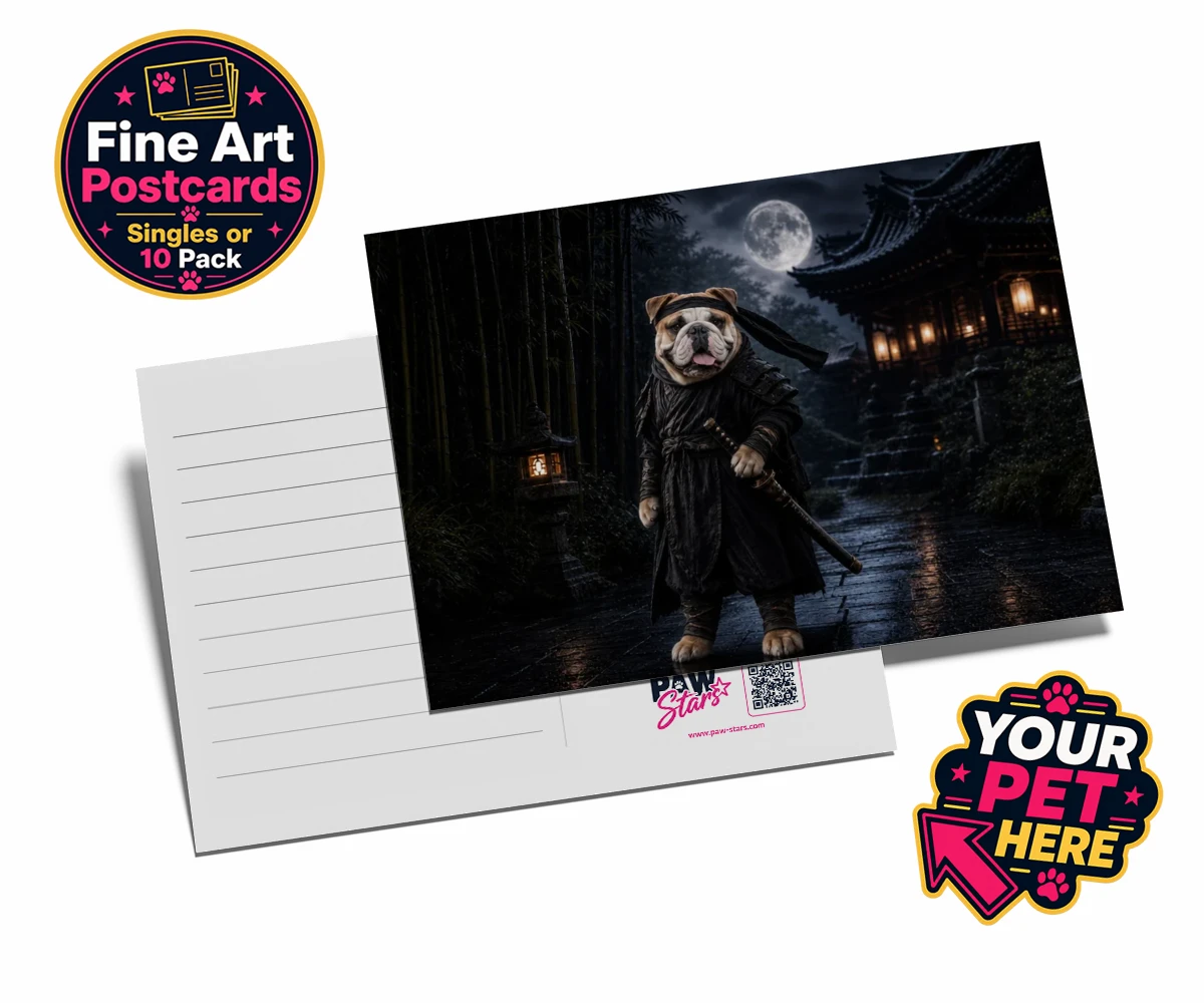 Personalised Ninja Paw In Temple Garden dog postcards featuring meet Ninja Paw, the four-legged hero ready to embark on legendary adve