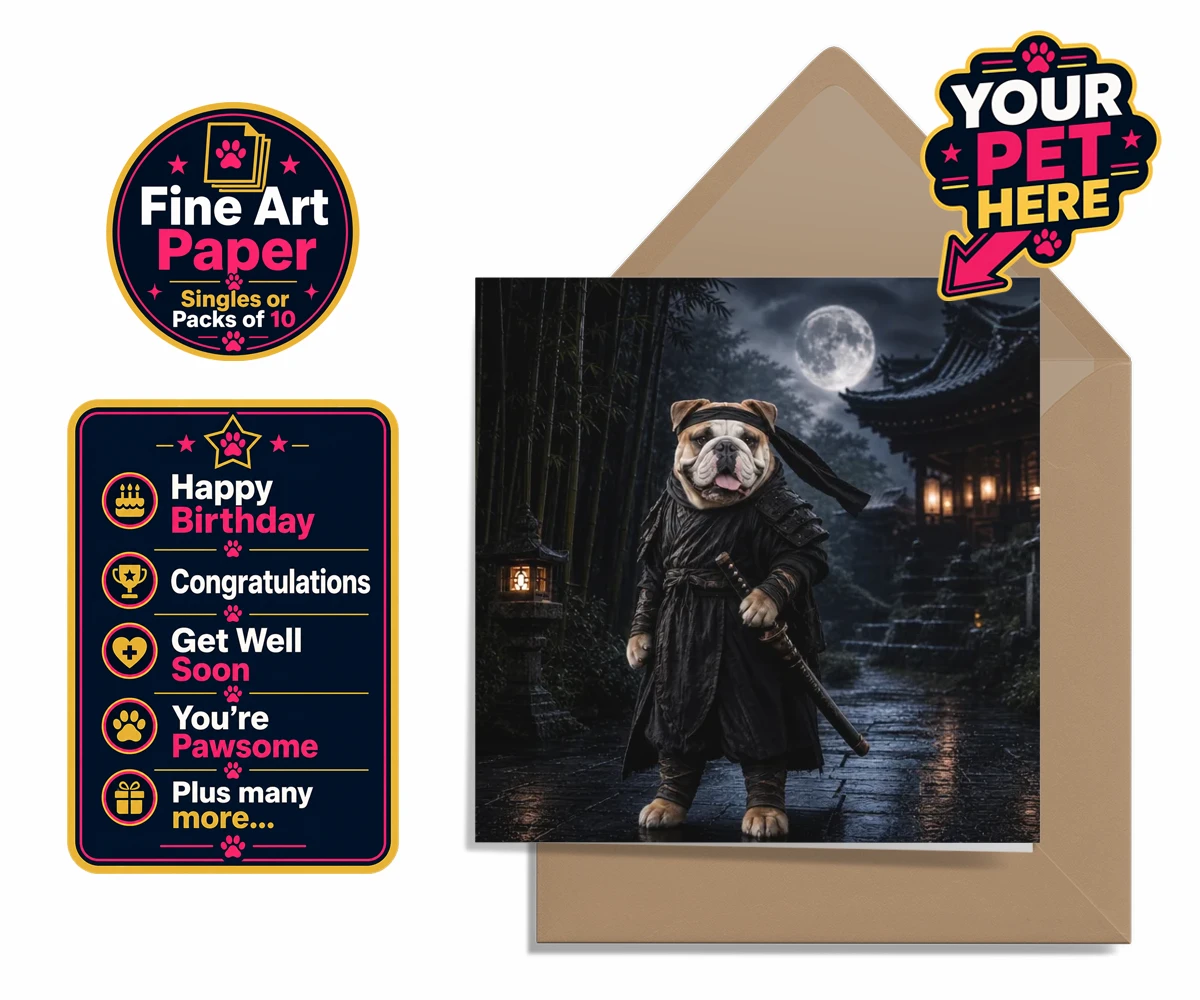 Personalised Ninja Paw In Temple Garden dog premium greetings cards featuring meet Ninja Paw, the four-legged hero ready to embark on legendary adve