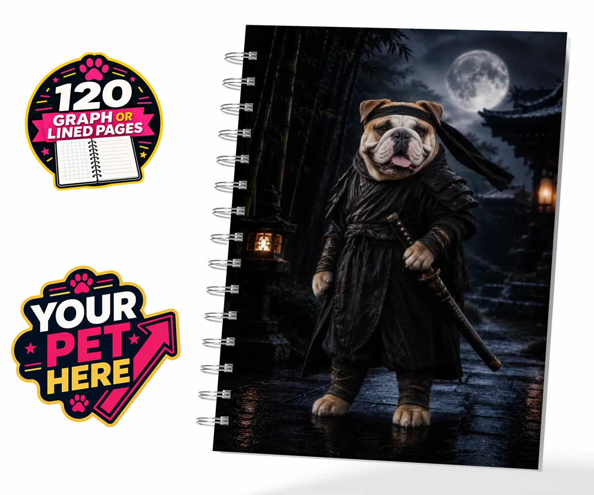 Personalised Ninja Paw In Temple Garden dog spiral notebook featuring meet Ninja Paw, the four-legged hero ready to embark on legendary adve