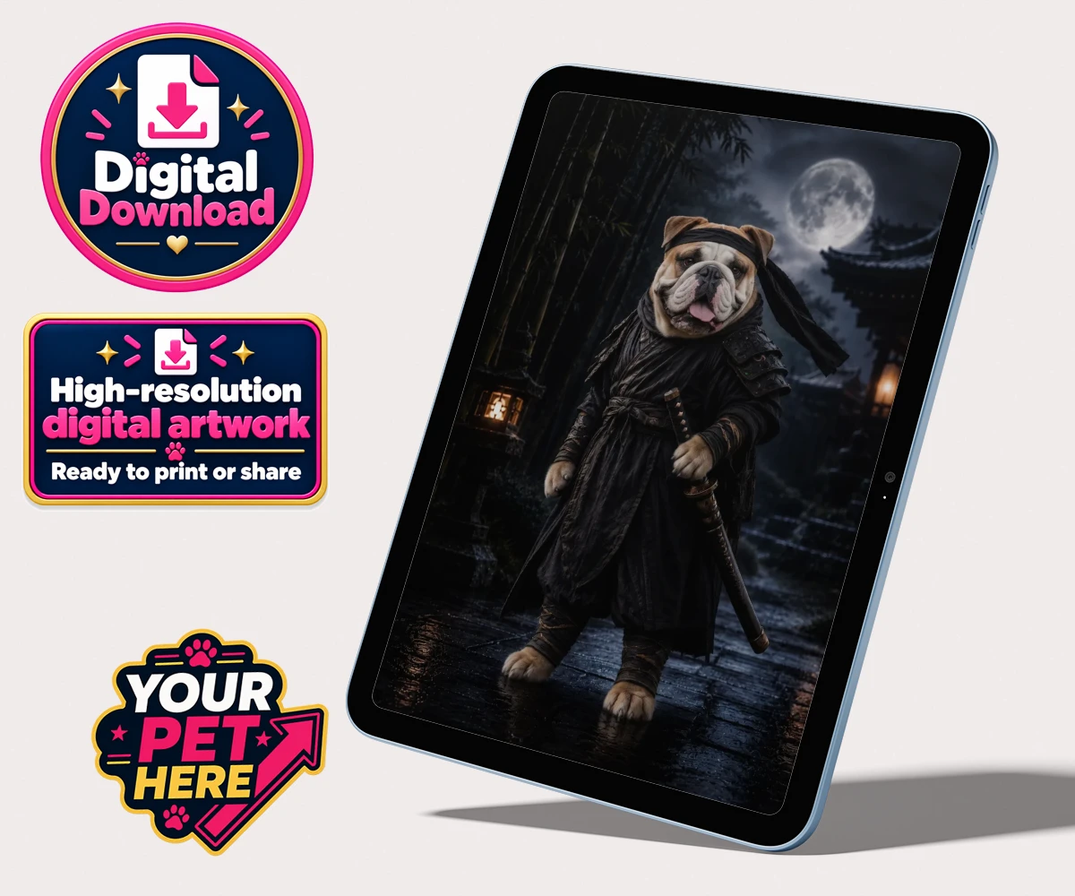 Personalised digital portrait of Ninja Paw, a dog in a black ninja costume in a temple garden