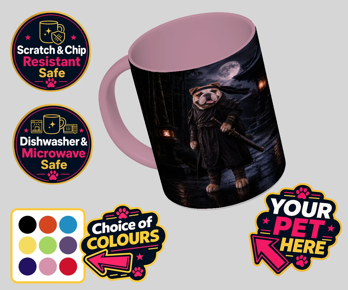 Personalised Ninja Paw In Temple Garden dog coloured photo mugs featuring meet Ninja Paw, the four-legged hero ready to embark on legendary adve