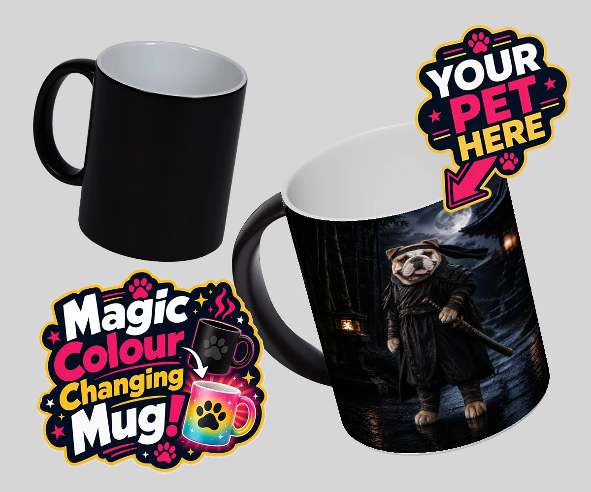 Personalised Ninja Paw In Temple Garden dog magic photo mugs featuring meet Ninja Paw, the four-legged hero ready to embark on legendary adve