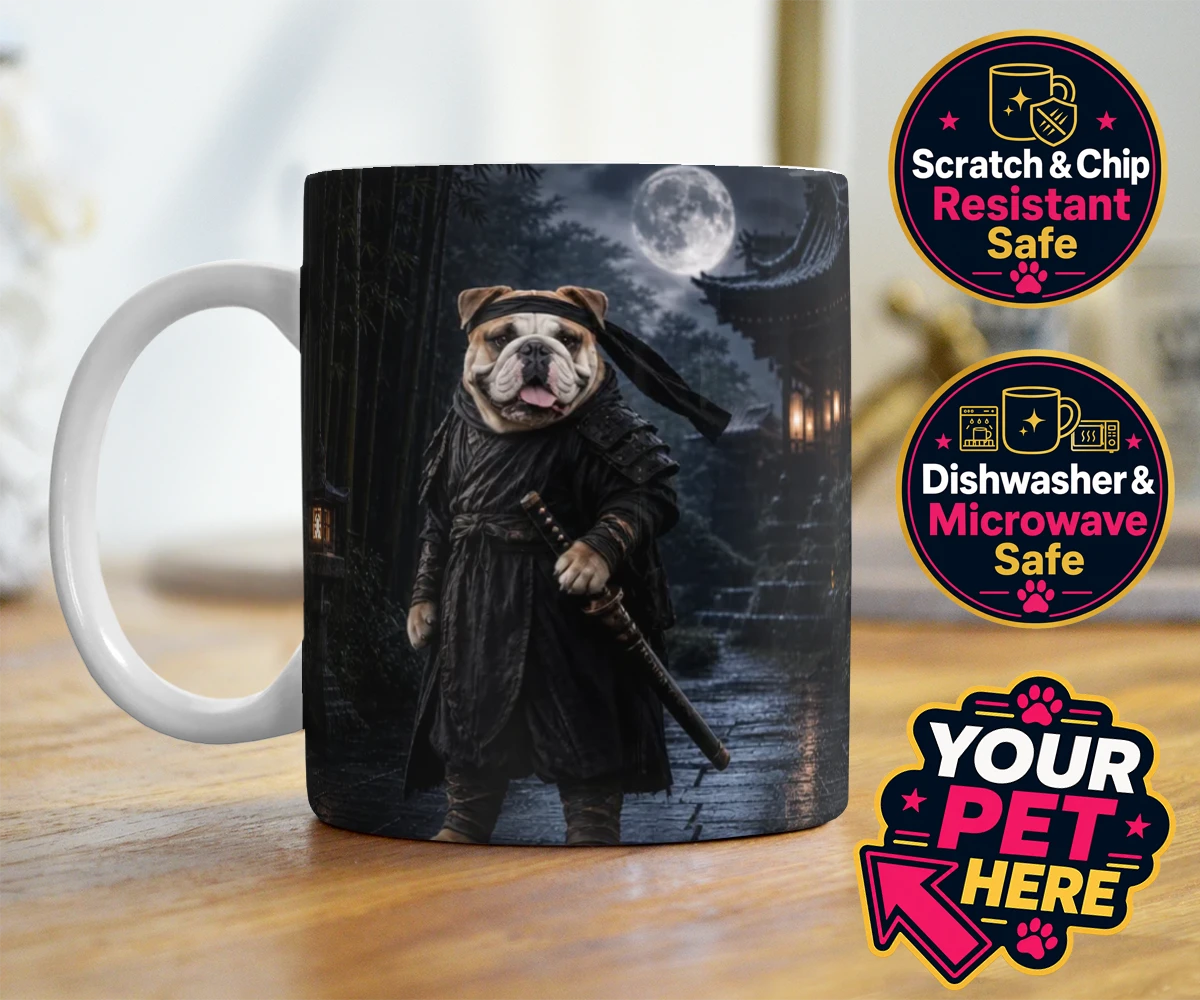Personalised Ninja Paw In Temple Garden dog photo mugs featuring meet Ninja Paw, the four-legged hero ready to embark on legendary adve