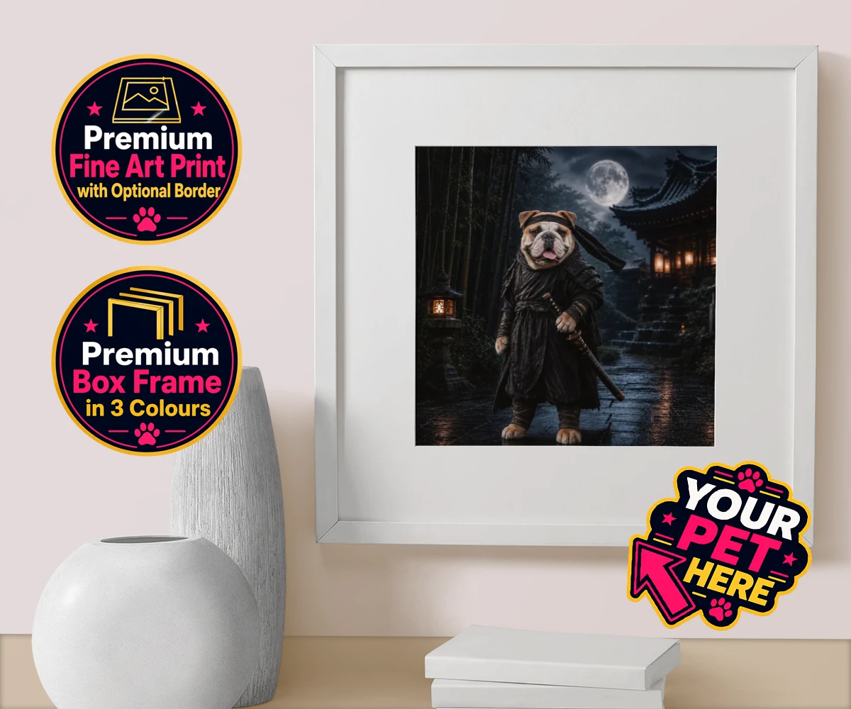 Personalised Ninja Paw In Temple Garden dog box framed print featuring meet Ninja Paw, the four-legged hero ready to embark on legendary adve