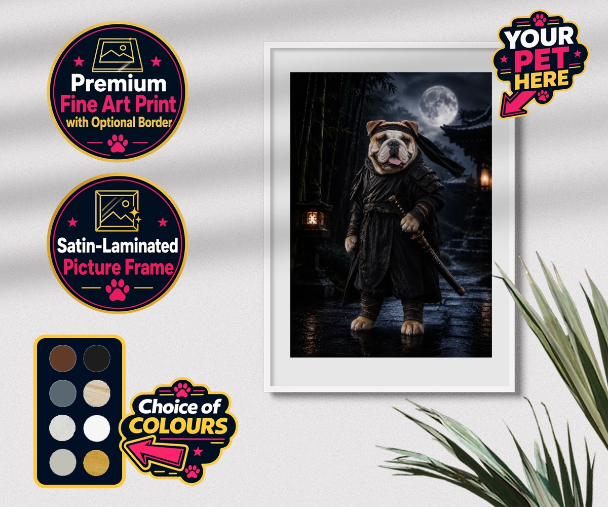 Personalised Ninja Paw In Temple Garden dog premium framed print featuring meet Ninja Paw, the four-legged hero ready to embark on legendary adve