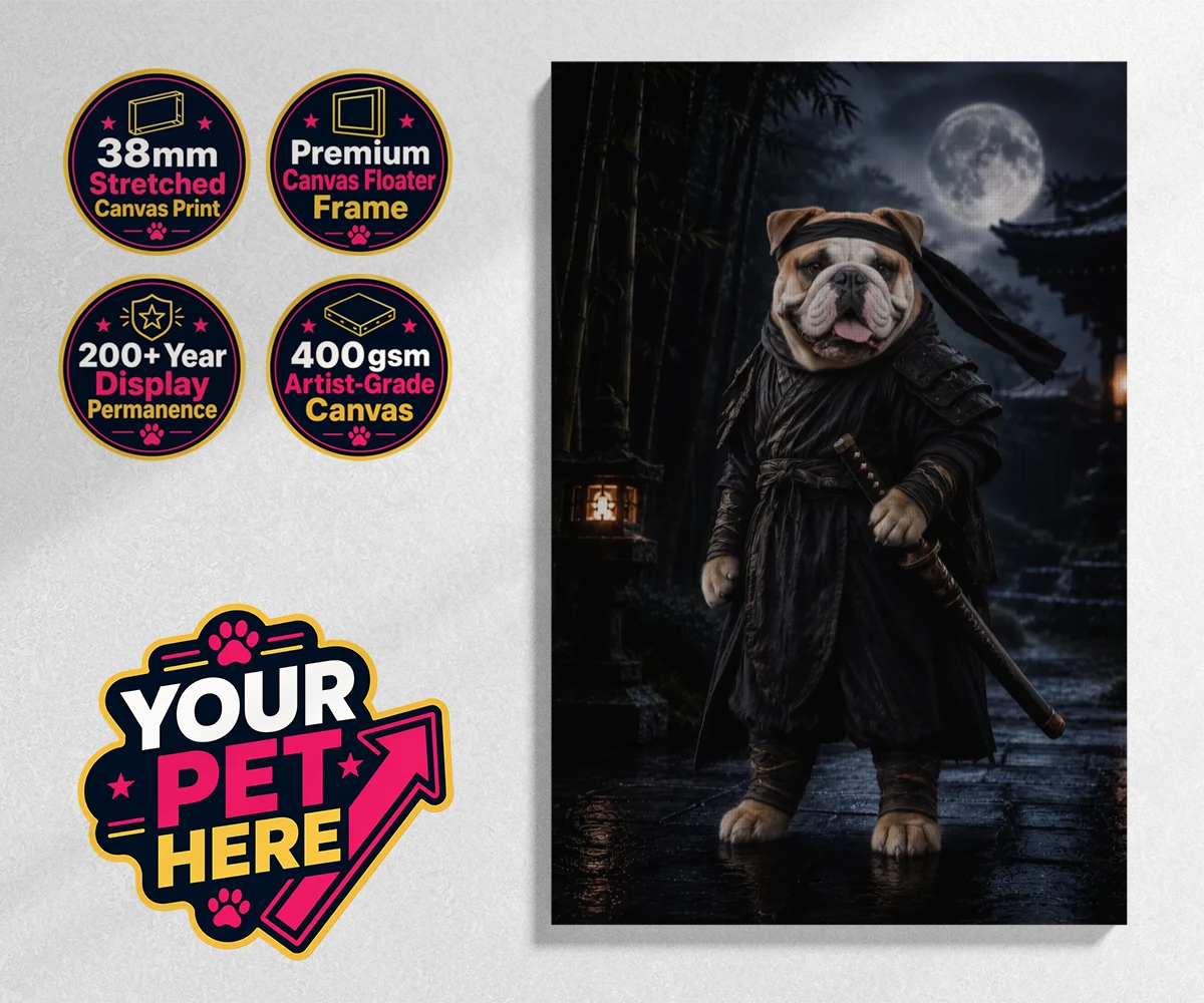 Personalised Ninja Paw In Temple Garden dog stretched canvas print featuring meet Ninja Paw, the four-legged hero ready to embark on legendary adve