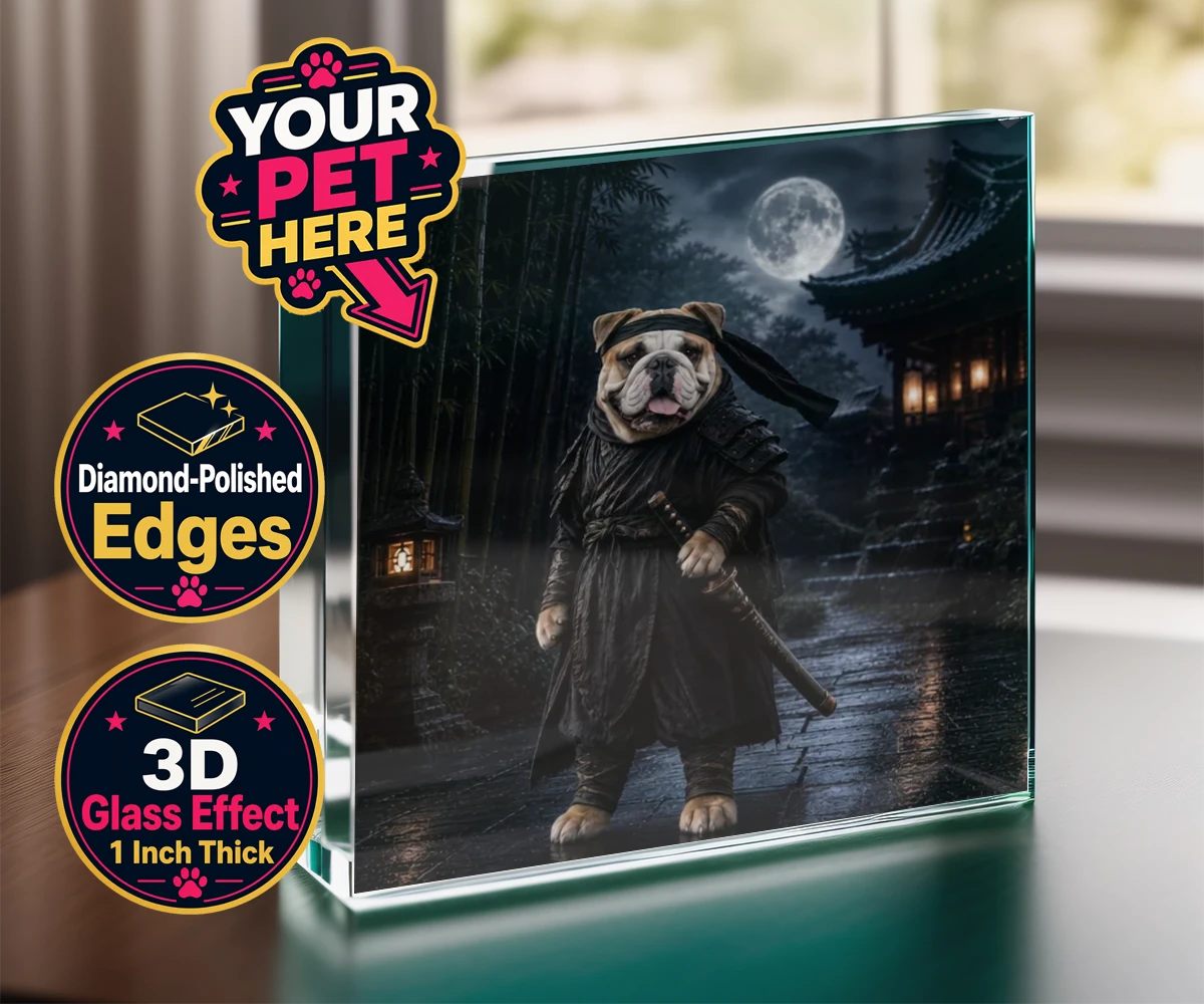 Personalised Ninja Paw In Temple Garden dog acrylic prisms featuring meet Ninja Paw, the four-legged hero ready to embark on legendary adve