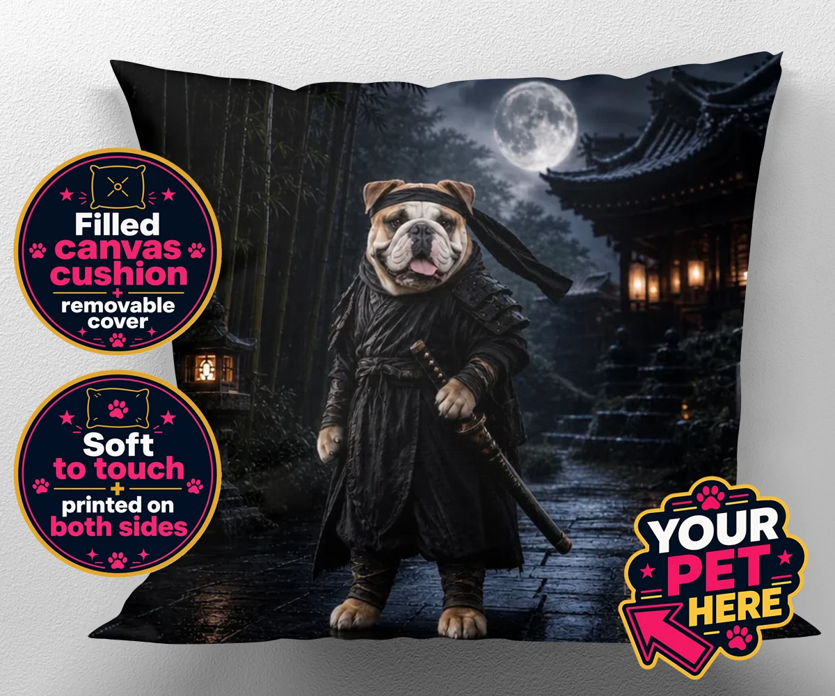 Personalised Ninja Paw In Temple Garden dog canvas cushions featuring meet Ninja Paw, the four-legged hero ready to embark on legendary adve