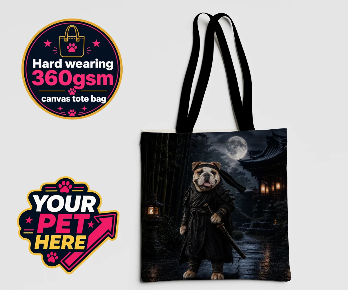Personalised Ninja Paw In Temple Garden dog canvas tote bags featuring meet Ninja Paw, the four-legged hero ready to embark on legendary adve