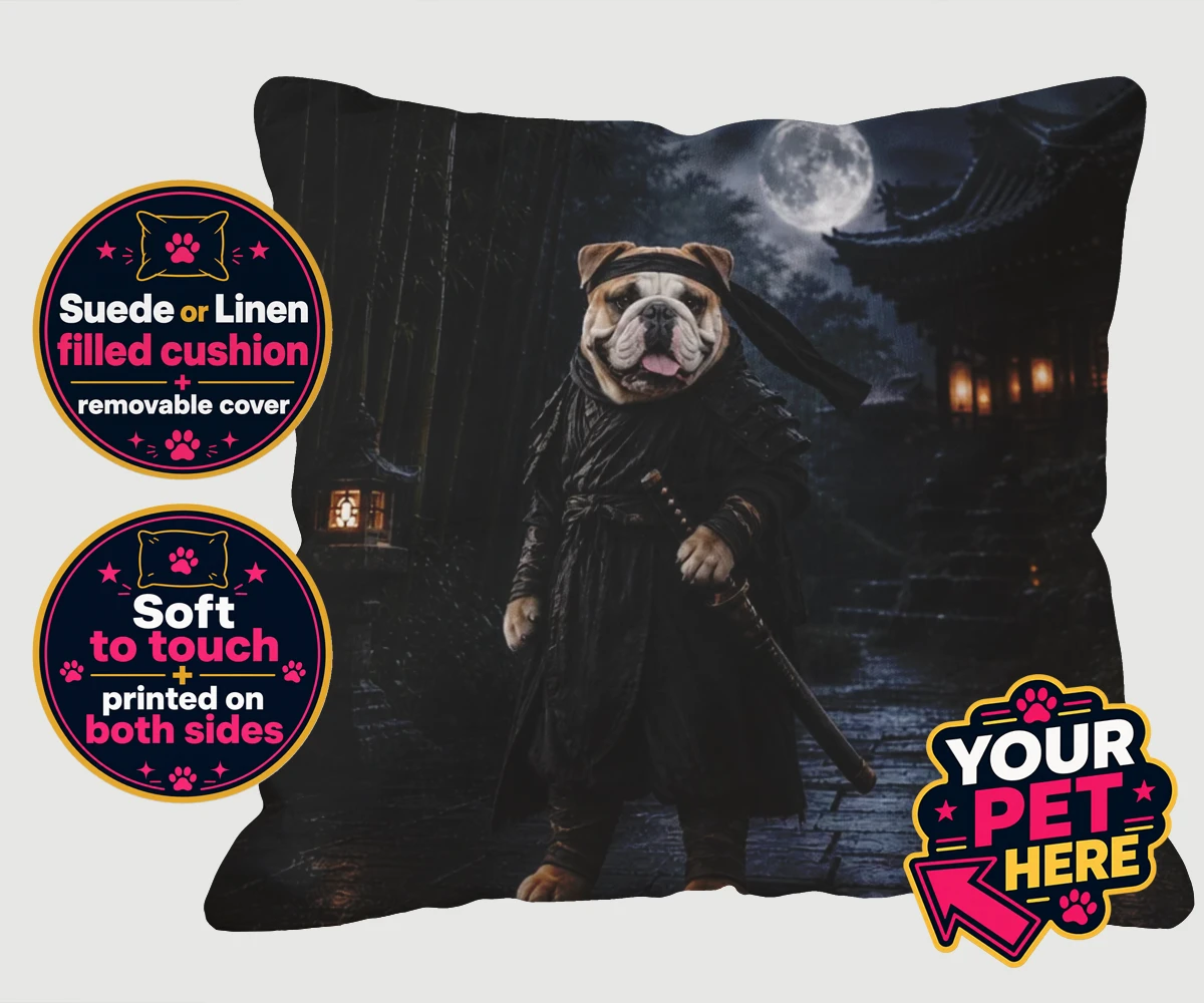 Personalised Ninja Paw In Temple Garden dog cushions featuring meet Ninja Paw, the four-legged hero ready to embark on legendary adve