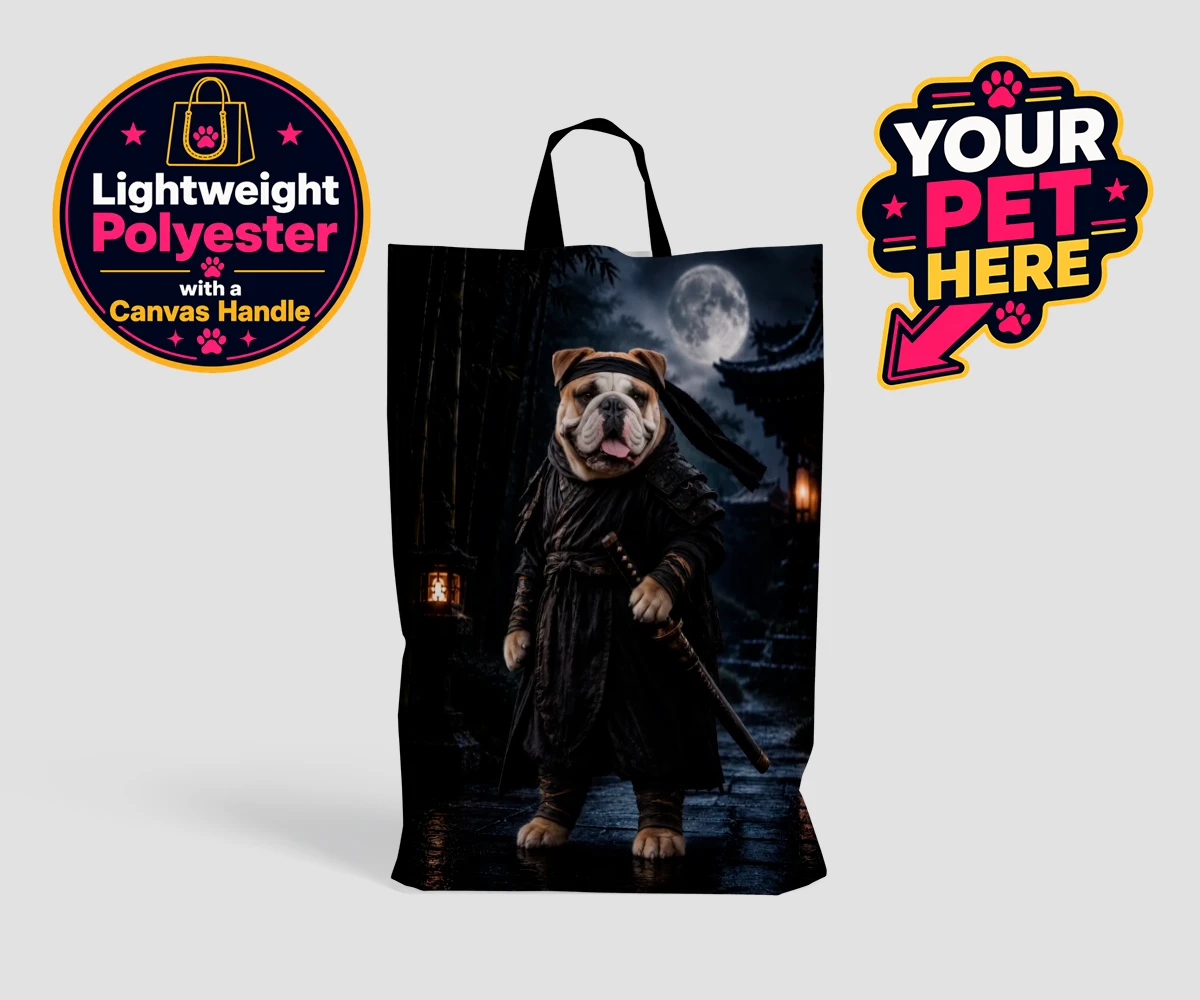 Personalised Ninja Paw In Temple Garden dog shopping bags featuring meet Ninja Paw, the four-legged hero ready to embark on legendary adve
