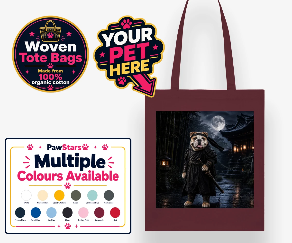 Personalised Ninja Paw In Temple Garden dog woven tote bags featuring meet Ninja Paw, the four-legged hero ready to embark on legendary adve