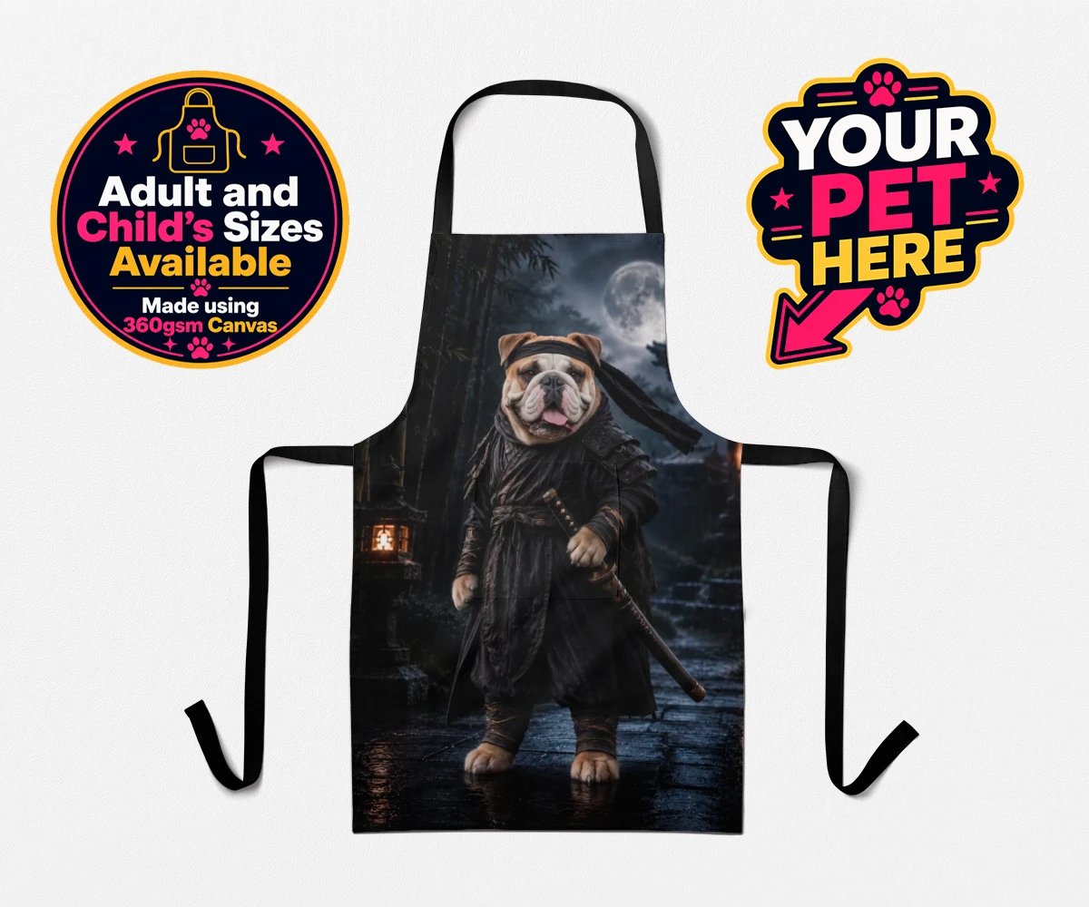 Personalised Ninja Paw In Temple Garden dog aprons featuring meet Ninja Paw, the four-legged hero ready to embark on legendary adve