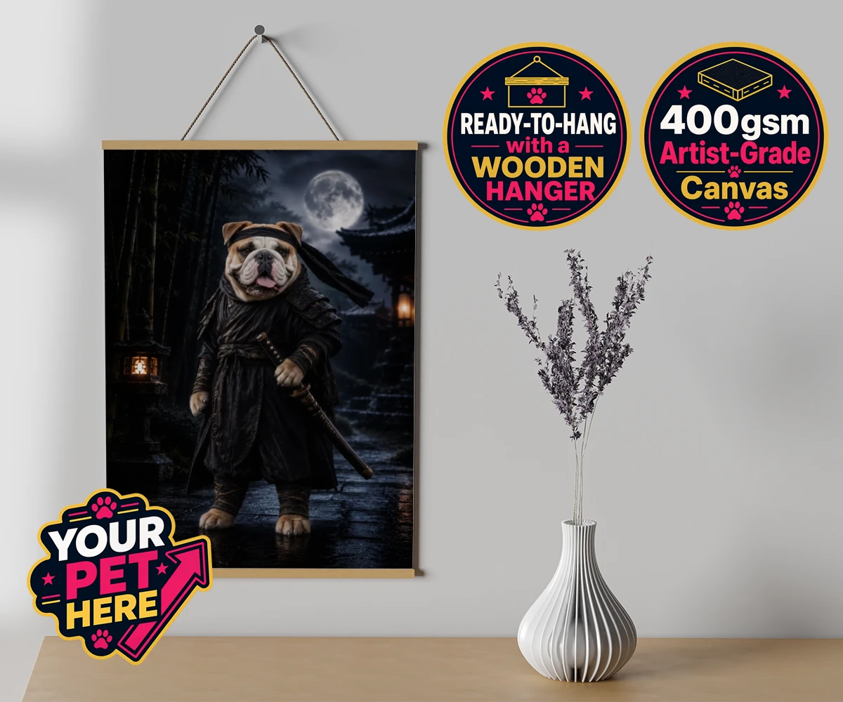 Personalised Ninja Paw In Temple Garden dog canvas poster prints with hanger featuring meet Ninja Paw, the four-legged hero ready to embark on legendary adve
