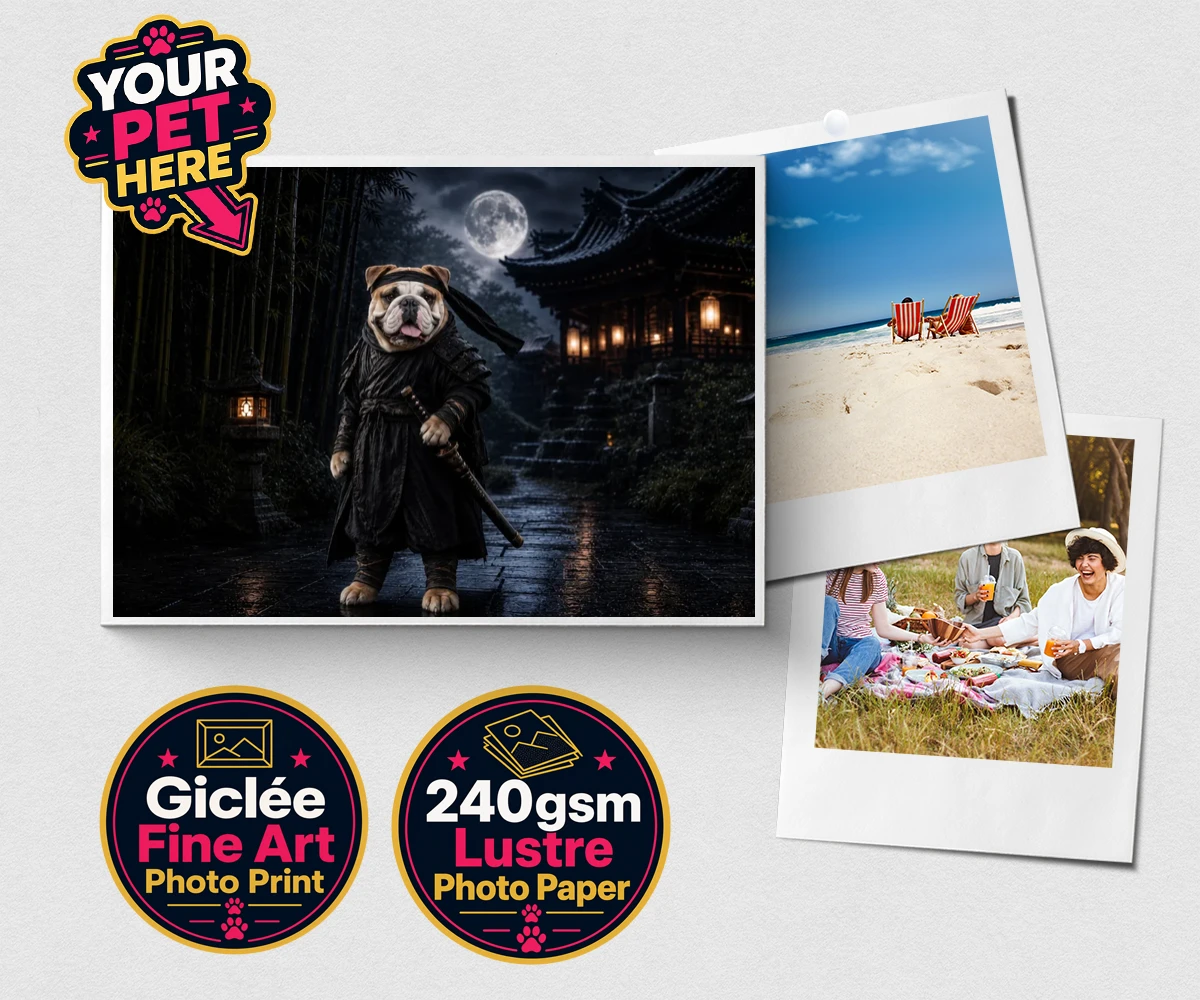 Personalised Ninja Paw In Temple Garden dog premium photo print featuring meet Ninja Paw, the four-legged hero ready to embark on legendary adve