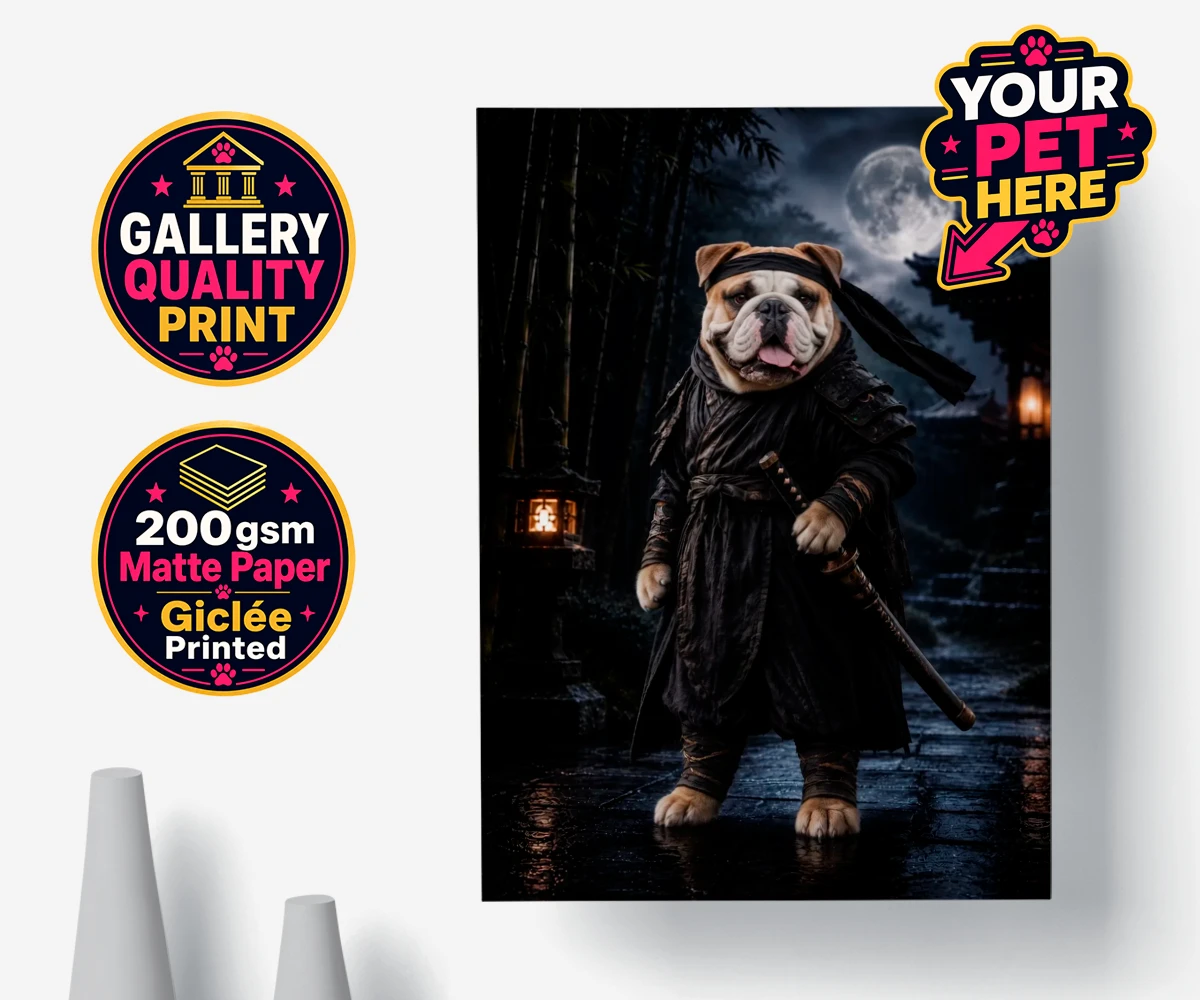 Personalised poster print featuring Ninja Paw, a dog in a ninja costume set in a moonlit temple garden