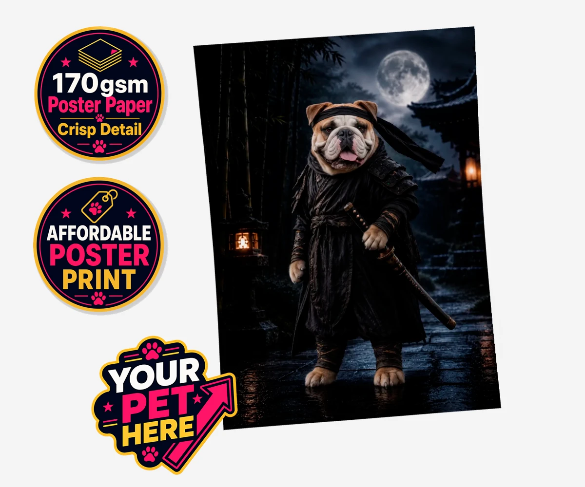 Personalised Ninja Paw In Temple Garden dog standard poster print featuring meet Ninja Paw, the four-legged hero ready to embark on legendary adve