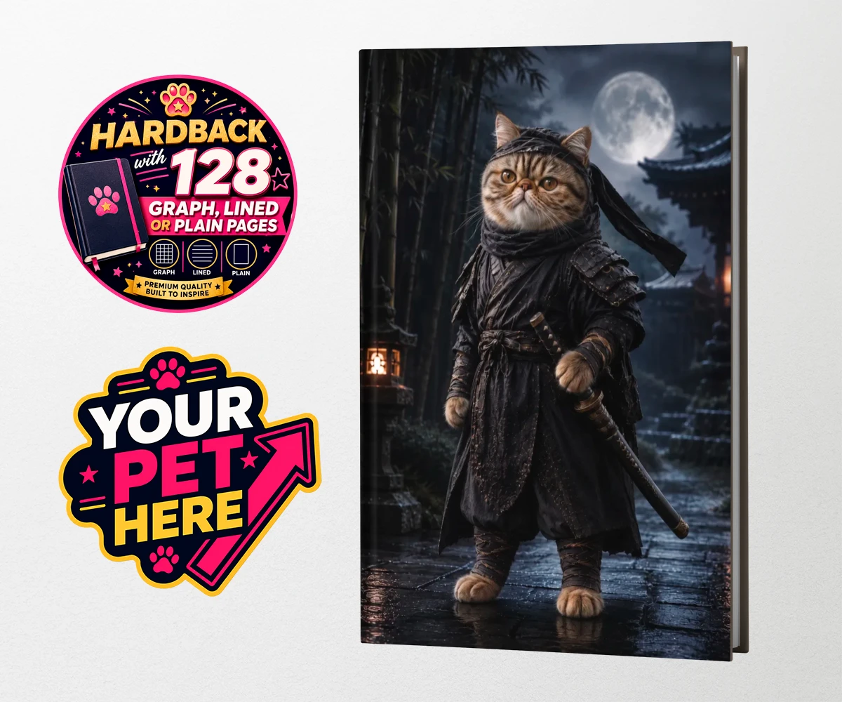 Personalised Ninja Paw In Temple Garden cat hardback notebooks featuring step into a world of enchantment with our "Ninja Paw In Temple Garden"